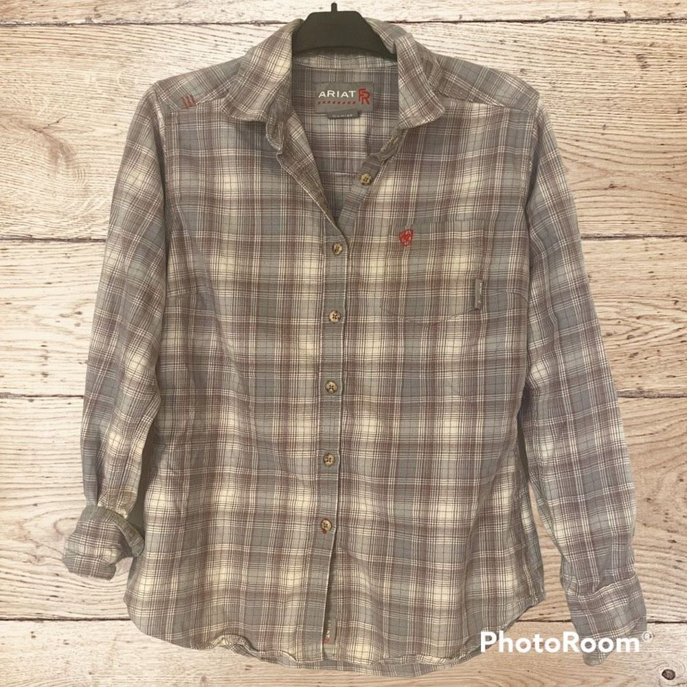 Ariat FR Cotton Flannel Tan Pale Purple Button Up Ladies Medium EUC Very Soft